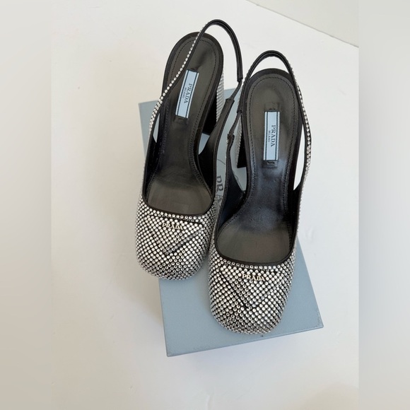 PradaBlack Satin Leather Jewel embellished Triangle logo slingback pumps EU 39 - Picture 14 of 14